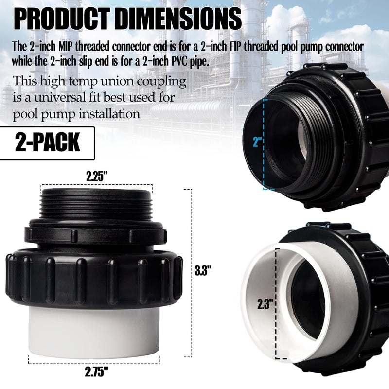 TonGass (2-Pack) 2"" MIP x 2"" PVC Hi-Temp Unions  Compatible with Pentair Whisperflo & Intelliflo Pool Pumps - Hand-Tightened Pool Pump High Temp Unions - Replacement for Schedule 40 Male Adapters - Image 2